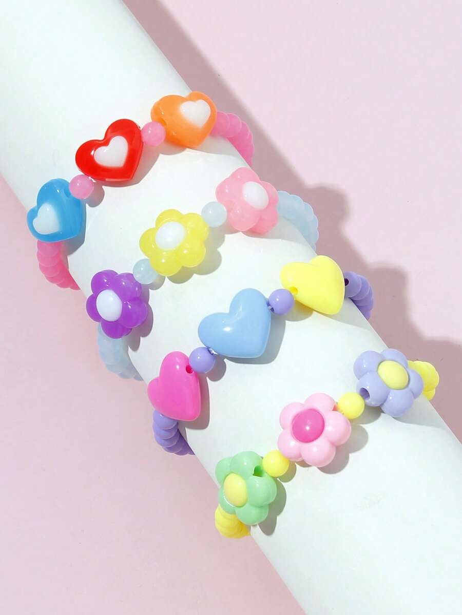 4pcs/Set Cute Heart & Flower Pearl Beaded Bracelet Sets, Suitable For Daily, Holiday, Festival Wear, Random Colors