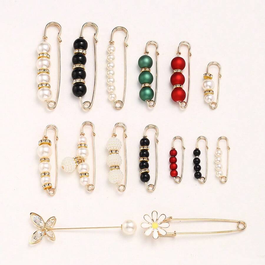 2 pièces/5 pièces Épingles de sûreté décorées de perles fausses, attache-ceinture à perles pour pantalon/robe, pour ajuster la taille, prévenir le relâchement, épingle de poitrine boucle de taille