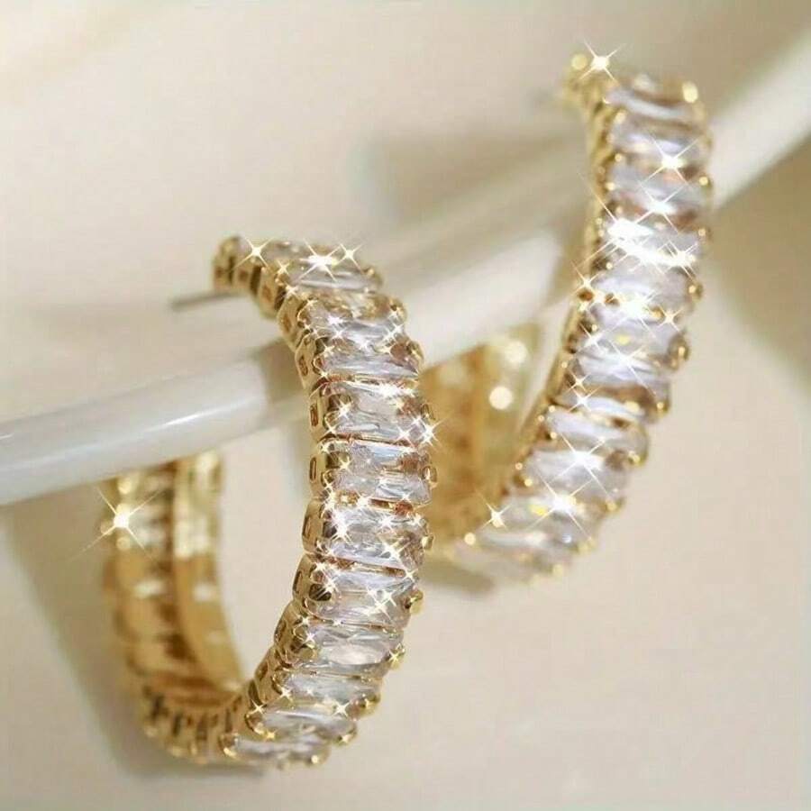 1 par de brincos em formato C brilhantes com zircônia quadrada e incrustação de zircônia para festa/casamento