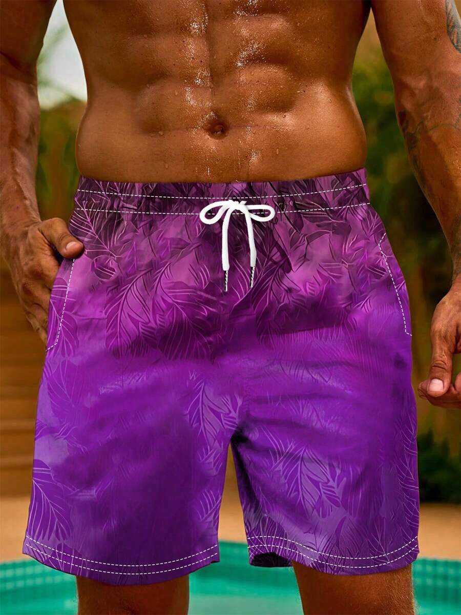 Pantalones cortos de gimnasio con estampado de hojas de camuflaje para hombres - Tela de poliéster transpirable, sin estiramiento, adecuados para vacaciones en la playa y actividades al aire libre, lavables a máquina - Serie de verano, pantalones cortos para hombres, diseño hawaiano