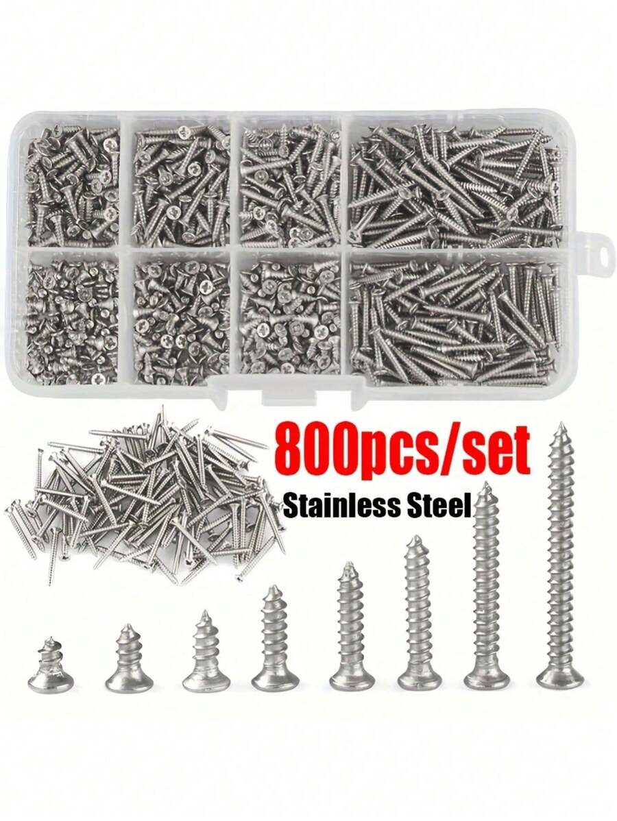 800pcs M2 Stainless Steel Flat Head Self-Tapping Screws Set, Locking Wood Screws Combination, Self-Tapping Woodworking Fasteners Screws, Suitable For Fixing Wood And Metal, 4/5/6/8/10/12/16/20mm