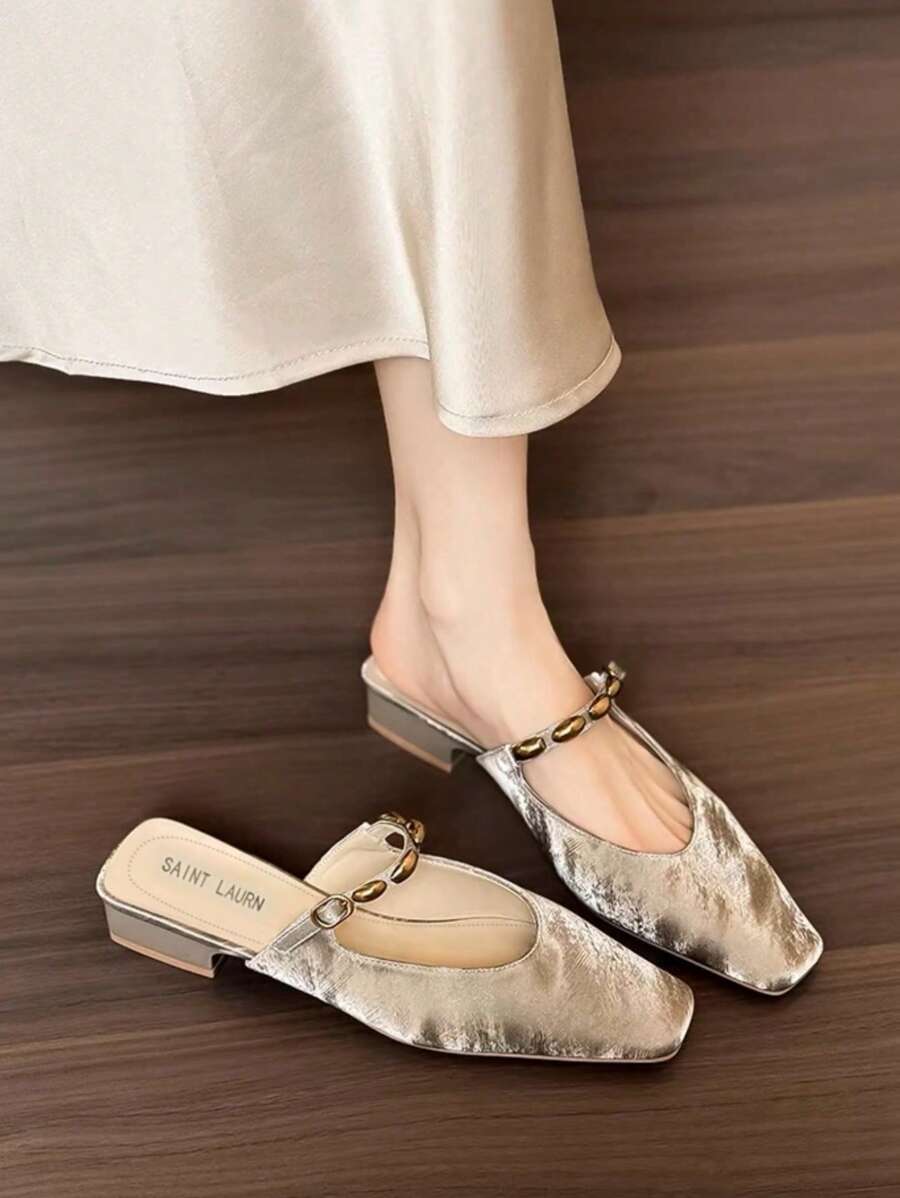 Nuovi muli estivi da donna con tomaia quadrata e tallone scoperto, sandali con tacco largo e chiusura a scivolo