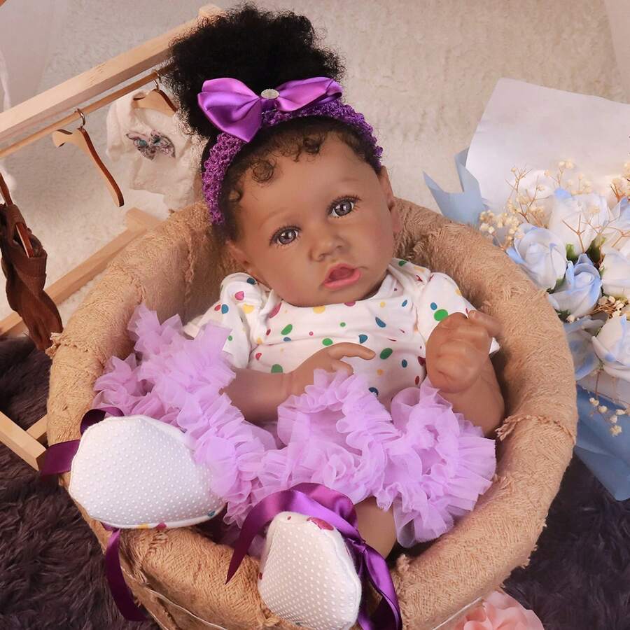 Păpușă renăscută realistă de 22 de inci, păpușă afro-americană din pânză moale, fără gen, 55 cm, jucărie de păpușă artistică realistă pentru nou-născuți, cadou pentru copii de 3+ ani