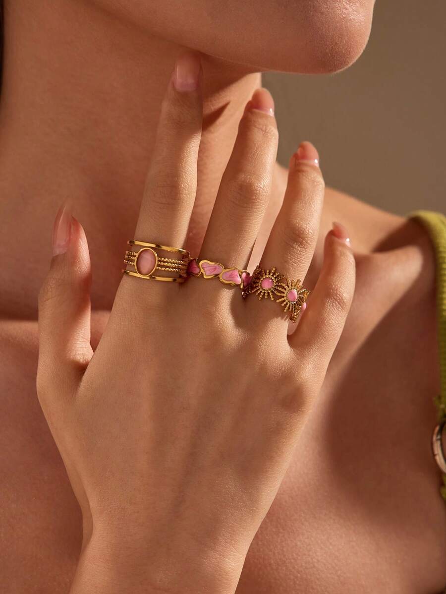 3pcs Stainless Steel Women's Stylish Set Of Gold, Pink & Gemstone Rings, Suitable For Daily Wear Or As A Gift