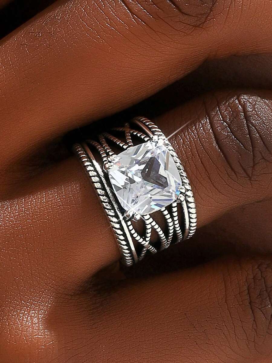 1 Stück Bohemian Stil vintage silberfarbener kubischer Zirkonia Ring für Damen, Verlobungsring für den täglichen Gebrauch