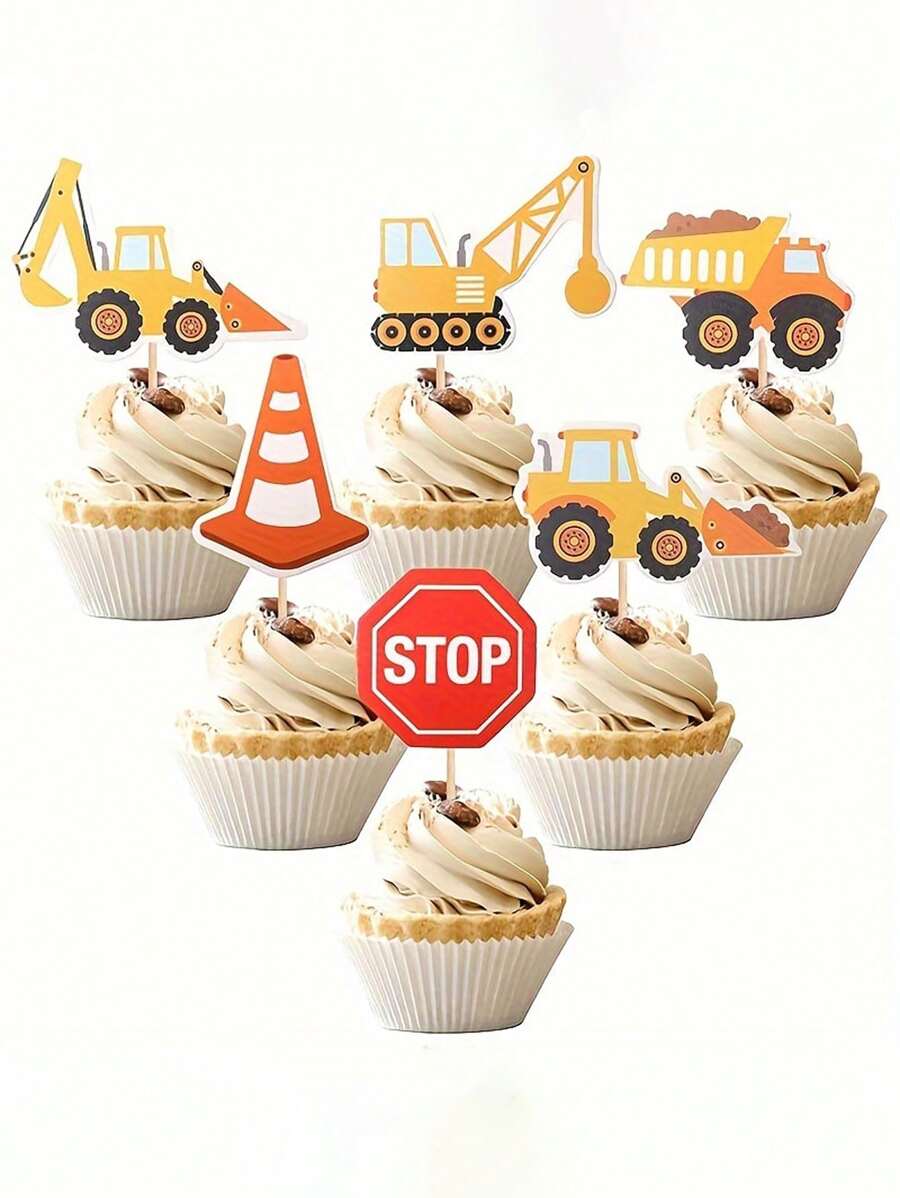 12 STÜCK Bau-Fahrzeug Cupcake Topper, Bau-Cupcake Topper Auto Bagger Kuchen Dekoration, Geburtstags-Party Kuchen Dekoration Feiertagsparty Zubehör