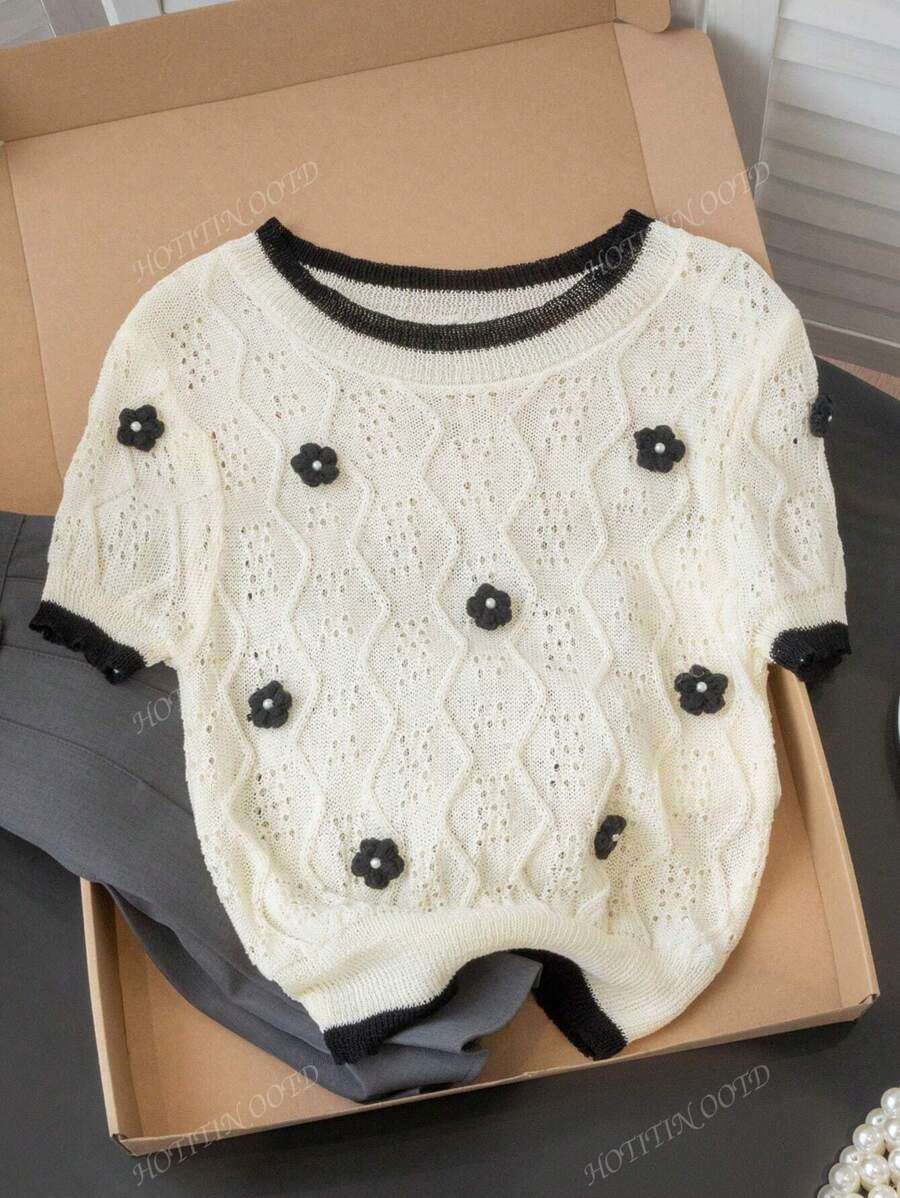 Contrast Color Korean Elegant Knit Top, Sweet 3D Floral Splice Short Sleeve T-Shirt For Women, Summer