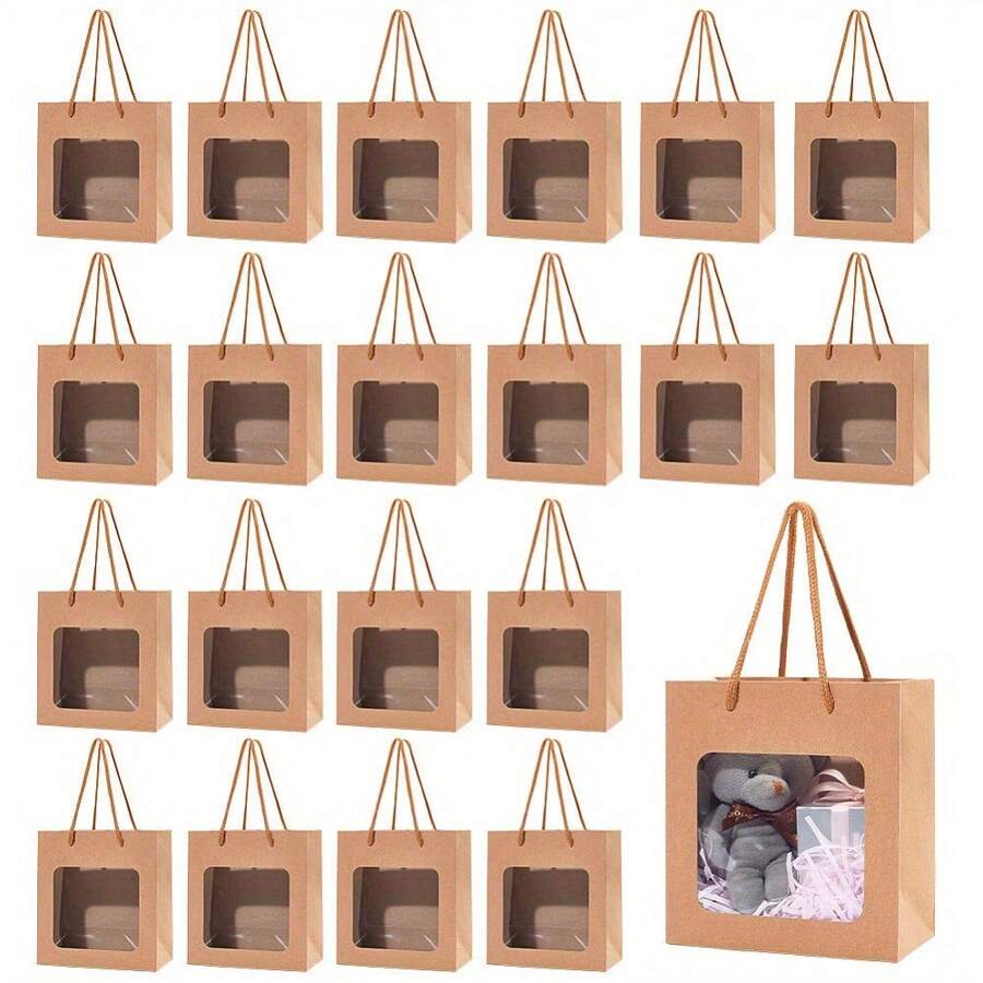 5/10/20/30pcs Kraft Paper Gift Bags With PVC Transparent Window And Handle, Gift Packaging Bags For Birthday Wedding Party Flower Shop Christmas