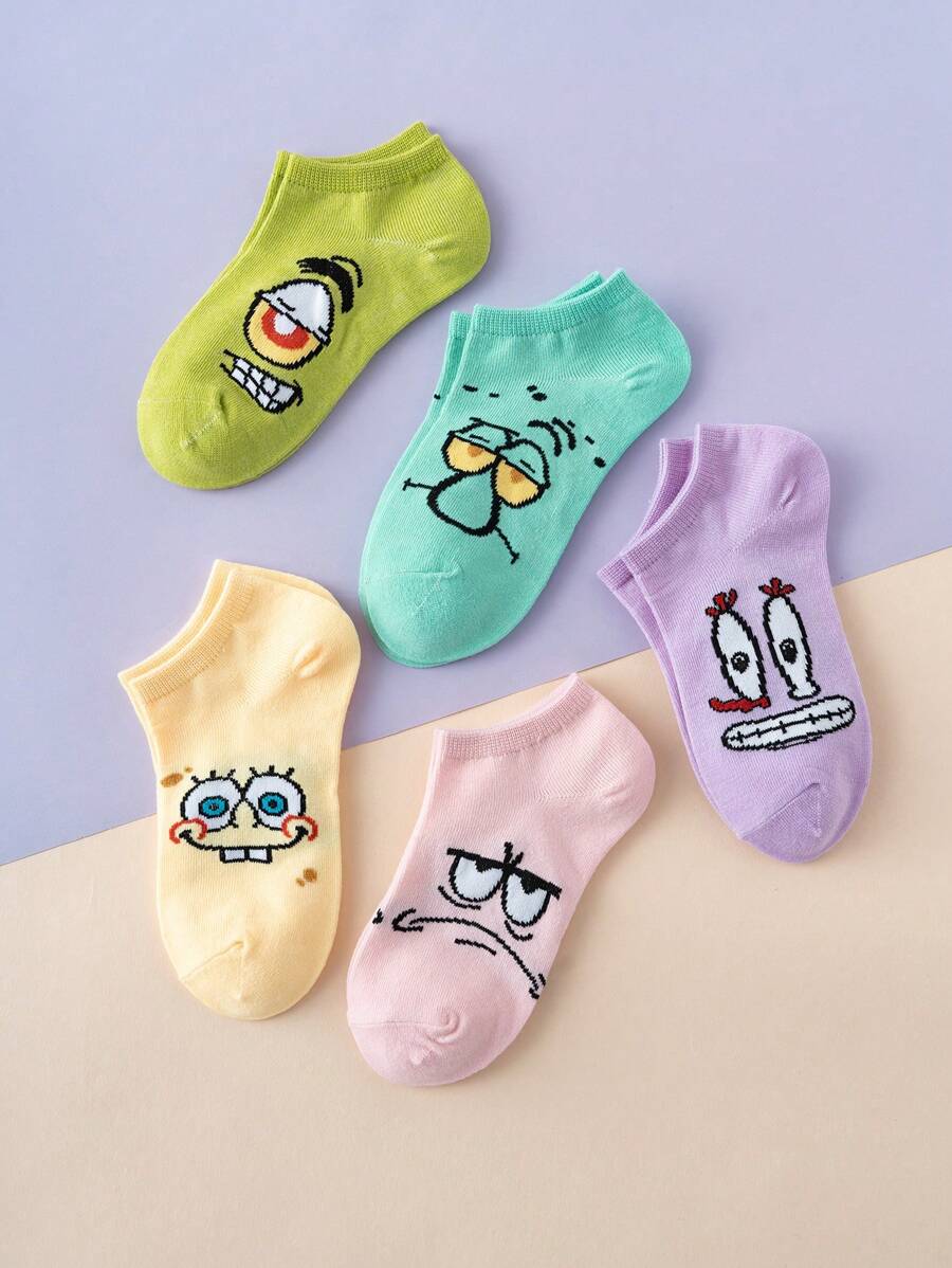 SPONGEBOB 5 Pairs Cartoon Spongebob Printed Colorful Jacquard Pattern Kids Socks, Breathable & Durable Sports Socks Suitable For All Seasons, European Size, Comfortable To Wear, Rich In Colors, Ideal For Daily Matching