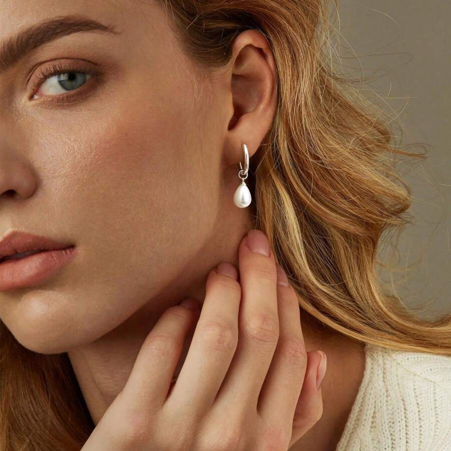 1 Pair Stainless Steel Waterproof And Non-Fading Stylish Women's Gold/Silver Water Droplet Pearl Hoop Earrings, Suitable For Women's Daily Wear