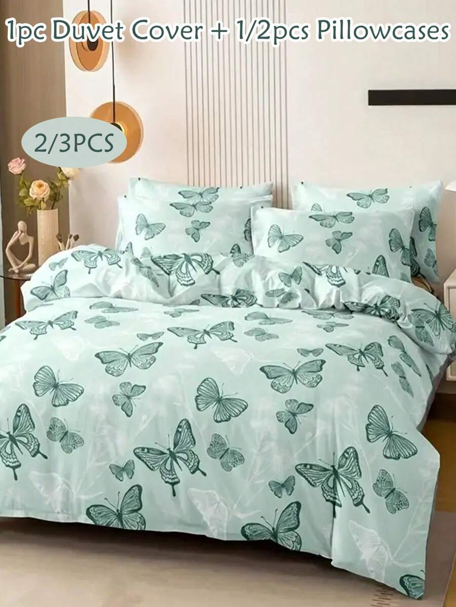 Juego de funda nórdica de 2/3 piezas con estampado de mariposa verde, juego de ropa de cama moderno y elegante para niños para todas las estaciones, suave y transpirable, lavable a máquina (1 funda nórdica + 1/2 fundas de almohada)