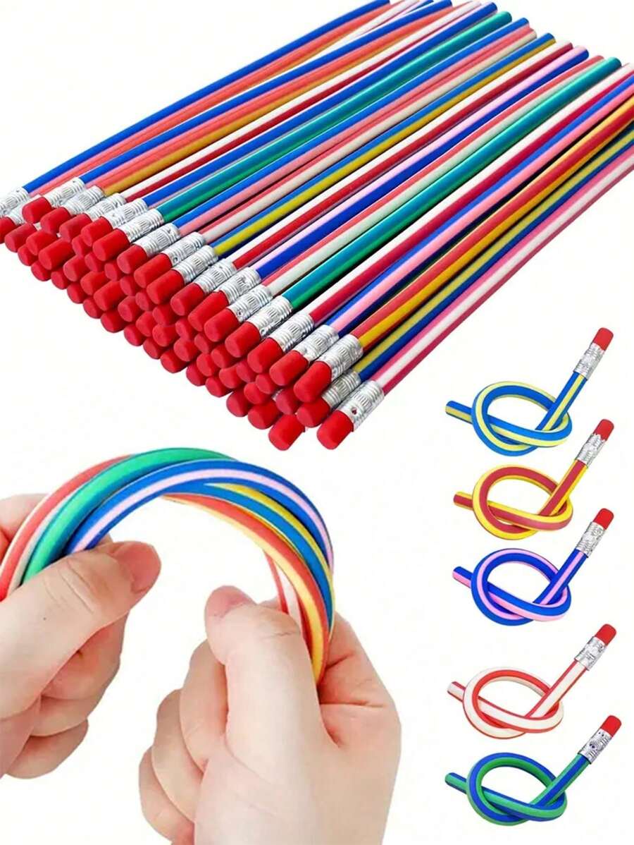 10 Stück flexible, biegbare Buntstifte mit Radiergummis - unzerbrechlich, flexible Stifte geeignet als Lernspielzeug, Partytüten (nicht zum Schreiben). Weich, neuartiges, mehrfarbiges gestreiftes Design für Schüler, Stressabbau-Spielzeug zum Teilen mit Klassenkameraden, Lehrerbelohnungen, perfektes Geschenk für Weihnachten, Geburtstagsfeiern