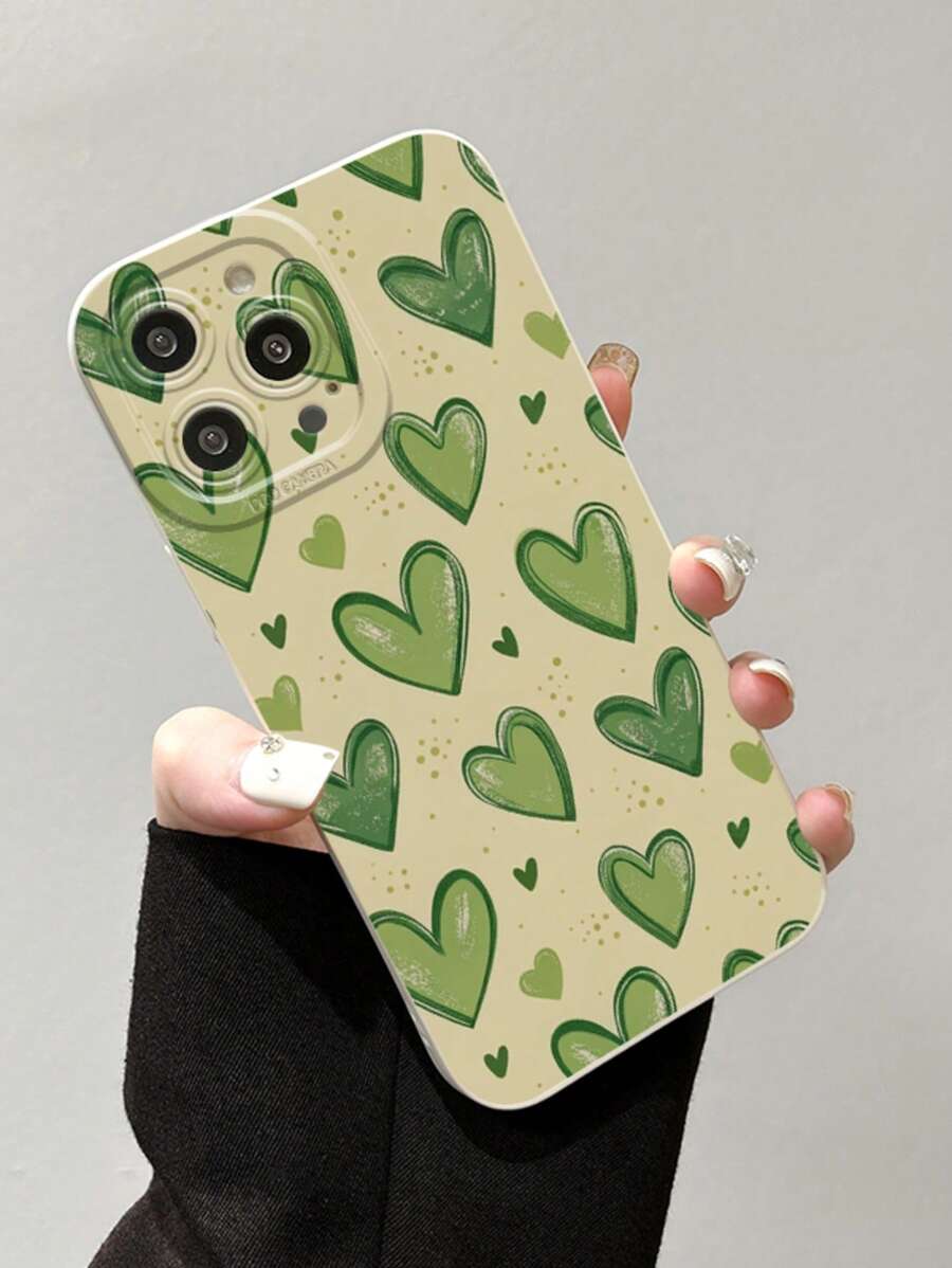 1pc Heart-Shaped Printed Green Mobile Phone Case, Compatible With Apple And