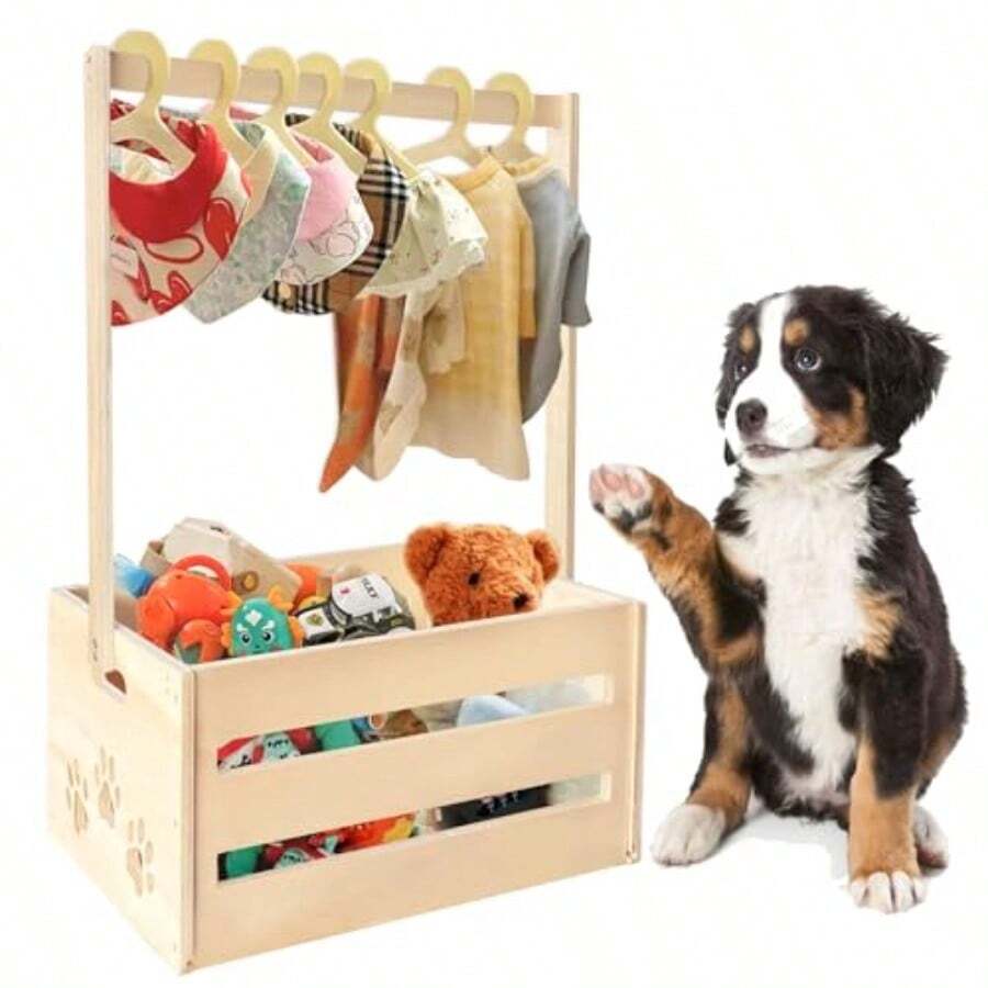 25" X 17" X 12" Wooden Pet Wardrobe ClosetPuppy Toy Basket With Hanging Rods Pet Clothes Rack For Dog Organization And Storage Wooden Crate For Dog Cat Closet Perfect For Toys Clothes And Accessories