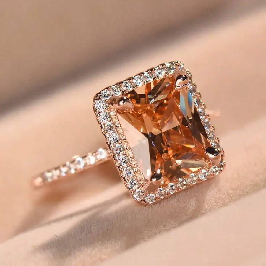 1 pieza Anillo de lujo chapado en oro rosa con circonita cúbica con chispas incrustada, accesorio elegante para mujer, apto para fiesta, compromiso, boda y otras ocasiones