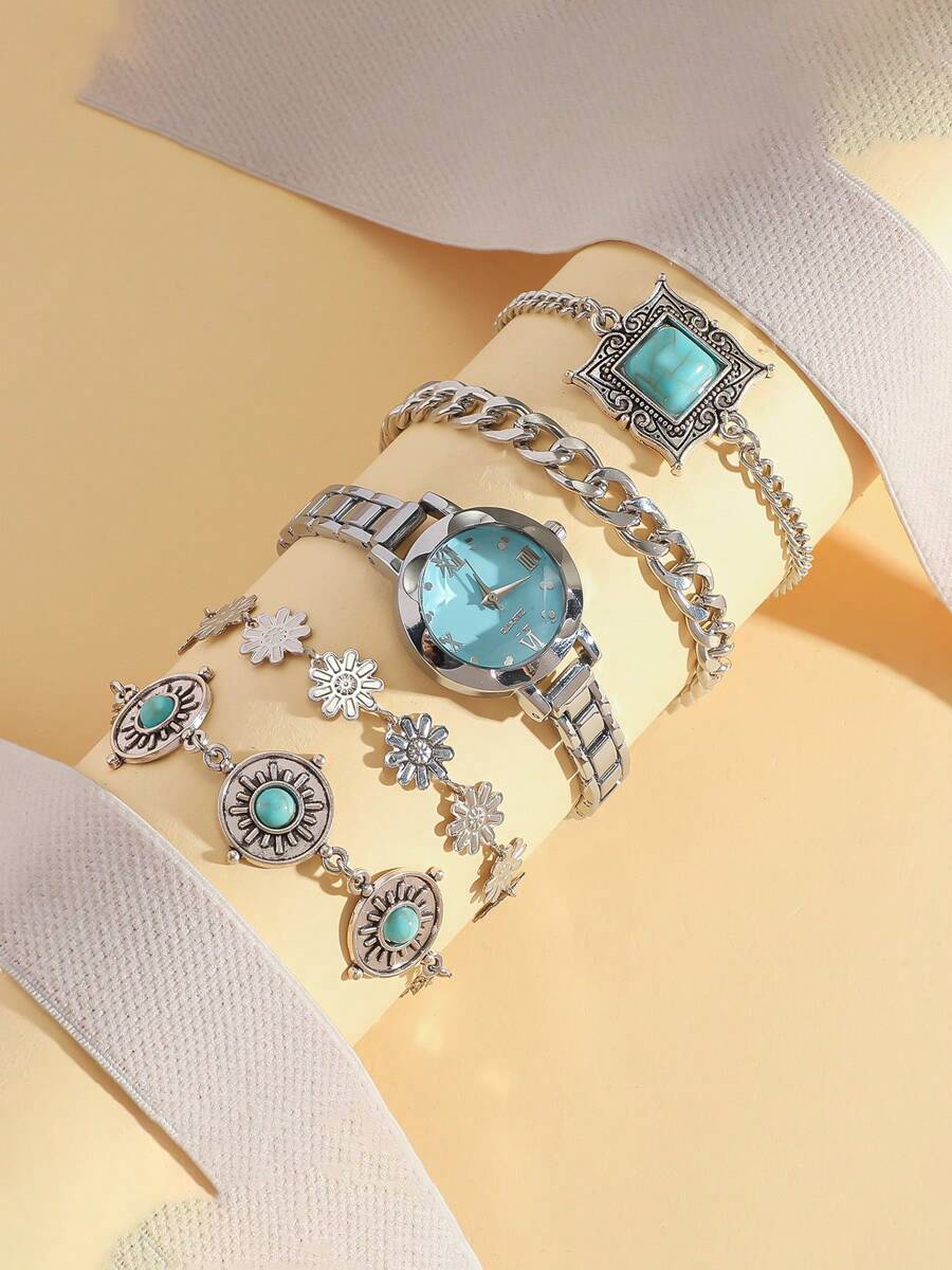 5 pièces/set Montre bracelet à cadran rond petit style niche avec bracelet en acier, design minimaliste et élégant, set cadeau pour femmes, sans boîte cadeau