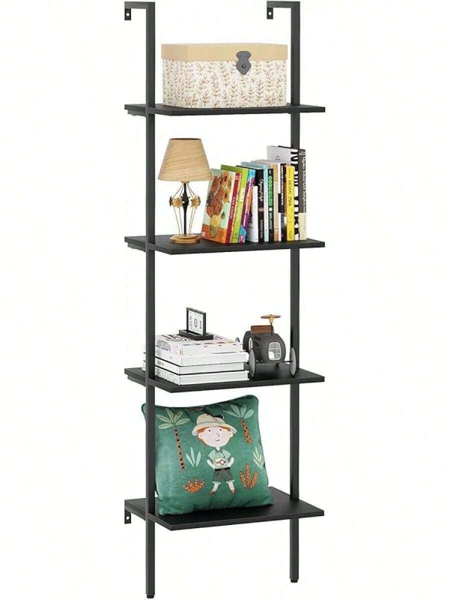 Ladder Shelf 4 Tiers Metal Industrial Bookshelf,Black Wooden Tall Open Storage Rack And Display Shelves,Wall Mount Wide Book Case For Home Office Bedroom,Small