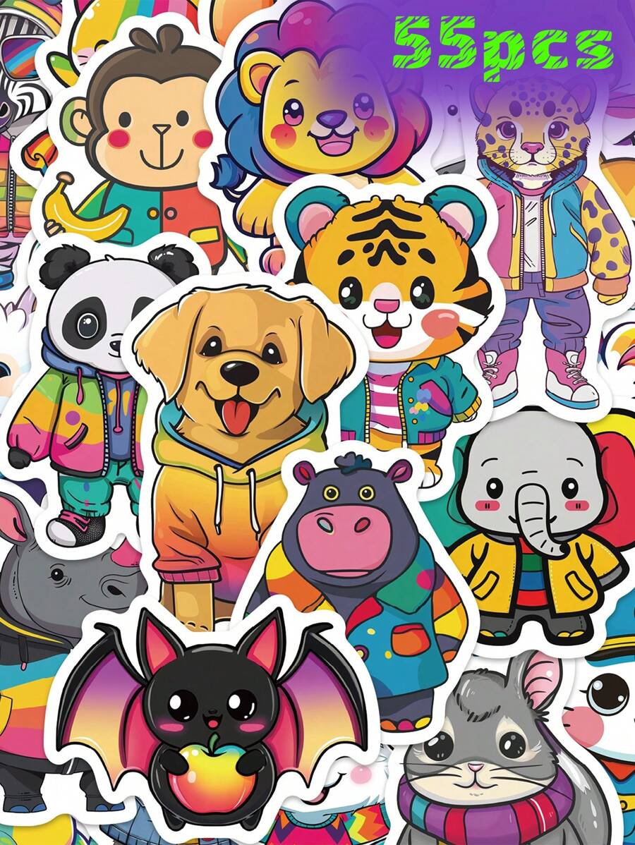 55 Stücke bunte, süße Tier-Aufkleber zur Dekoration von Gepäck, Handyhülle, Kühlschrank, Schlafzimmer, Fenster, Zimmer, Gitarre, Skateboard, Klassenraum, Studium, als Belohnung, Geburtstags- oder Feiertagsgeschenke