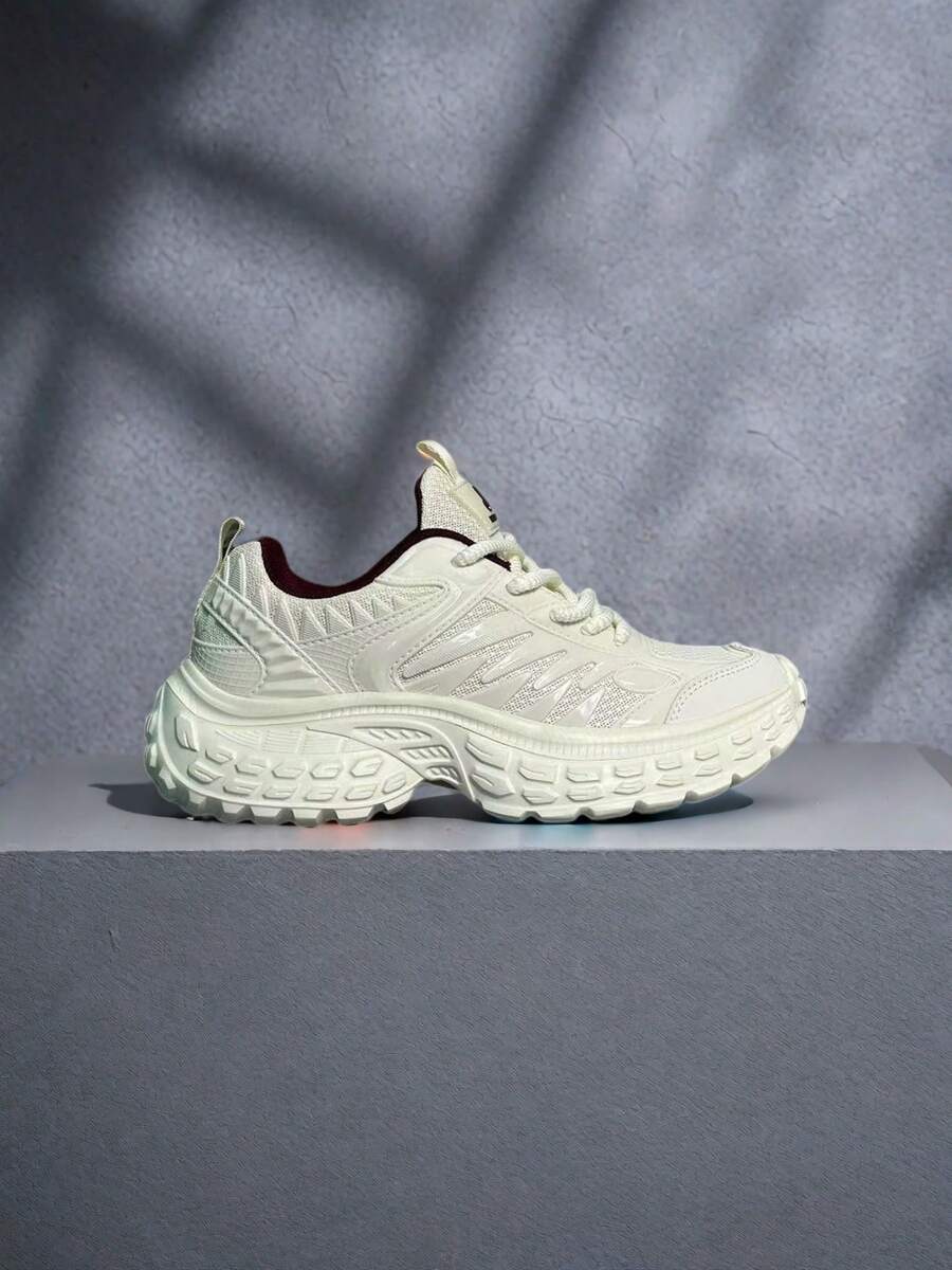 1 par de tenis gruesos y abultados para mujer, con empalme de malla, suave y ligero, color beige sólido, transpirable para uso casual diario y ejercicio, zapatos deportivos de moda