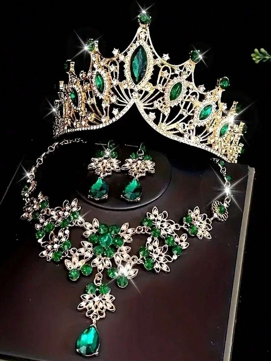 Set de 3 piezas de corona y accesorios para el cabello de novia, incluyendo aretes y collar - Joyería de princesa de estilo barroco de aleación, apta para boda, fiesta, novia, accesorios de graduación
