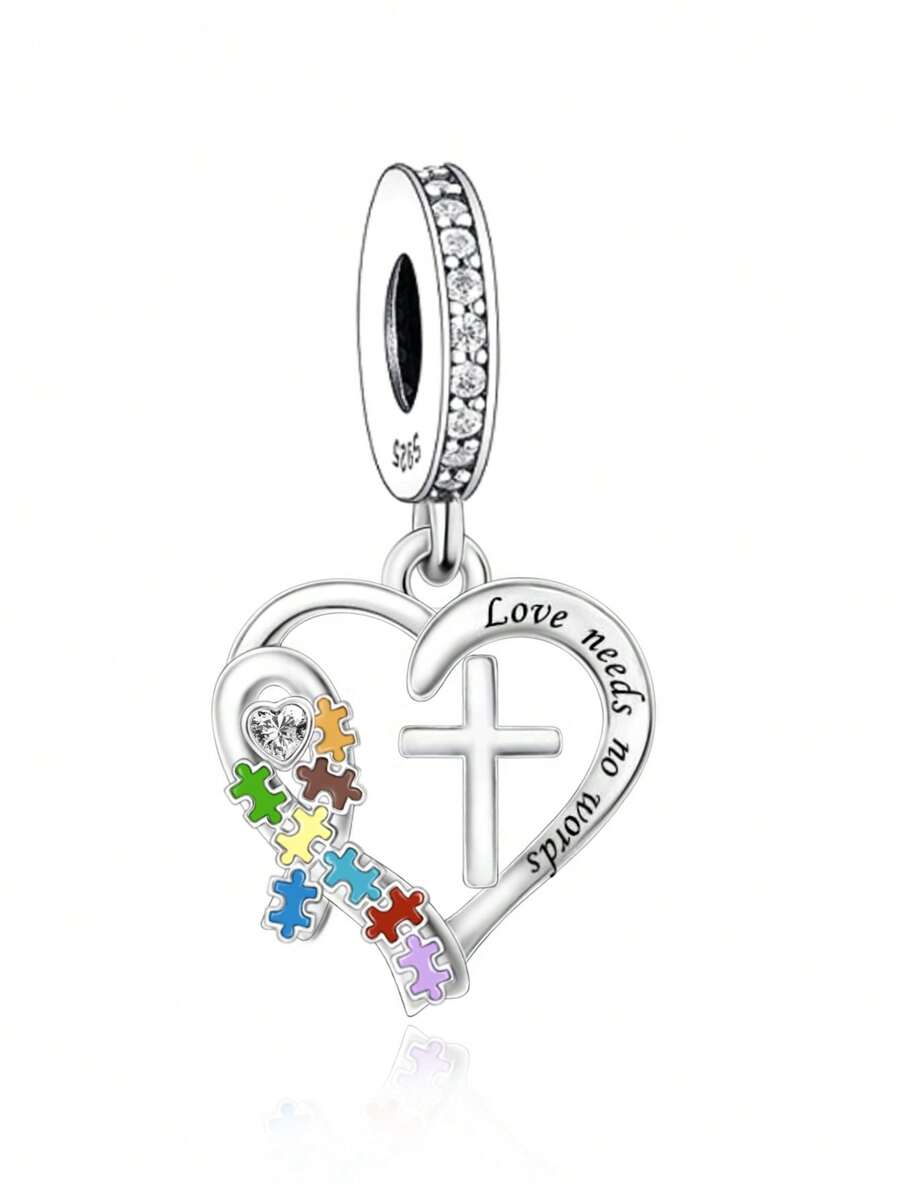 HuooNew Una pieza de plata de ley 925 con un diseño elegante, incrustada con circonita, con formas de corazón, cruz, rompecabezas de colores y lazo, con el mensaje "El amor no necesita palabras", una perla DIY, joyería para mujer, joyería de plata para uso diario y como recuerdo
