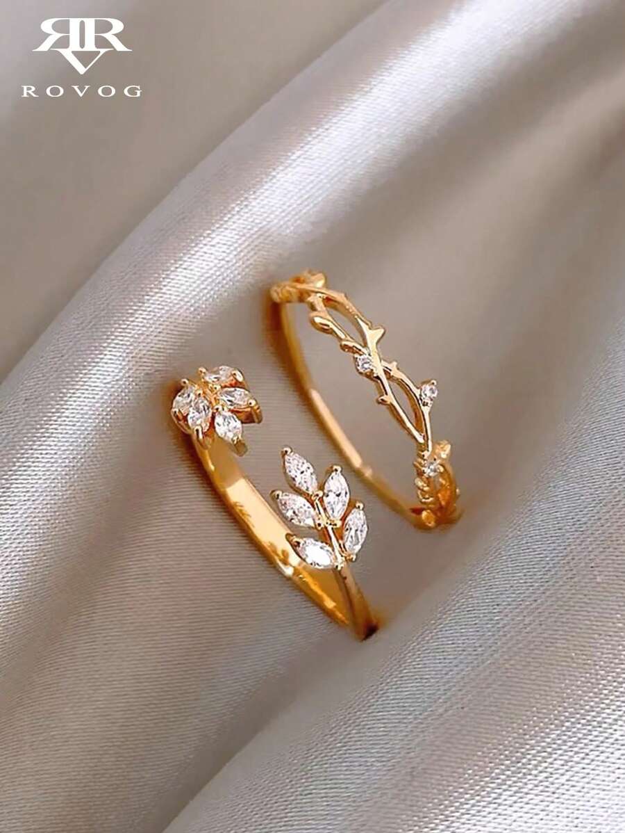 Set de 2 anillos de mujer con diseño de hoja y piedras de circonita de cobre, versátil para uso diario, citas, fiestas, estilo clásico francés