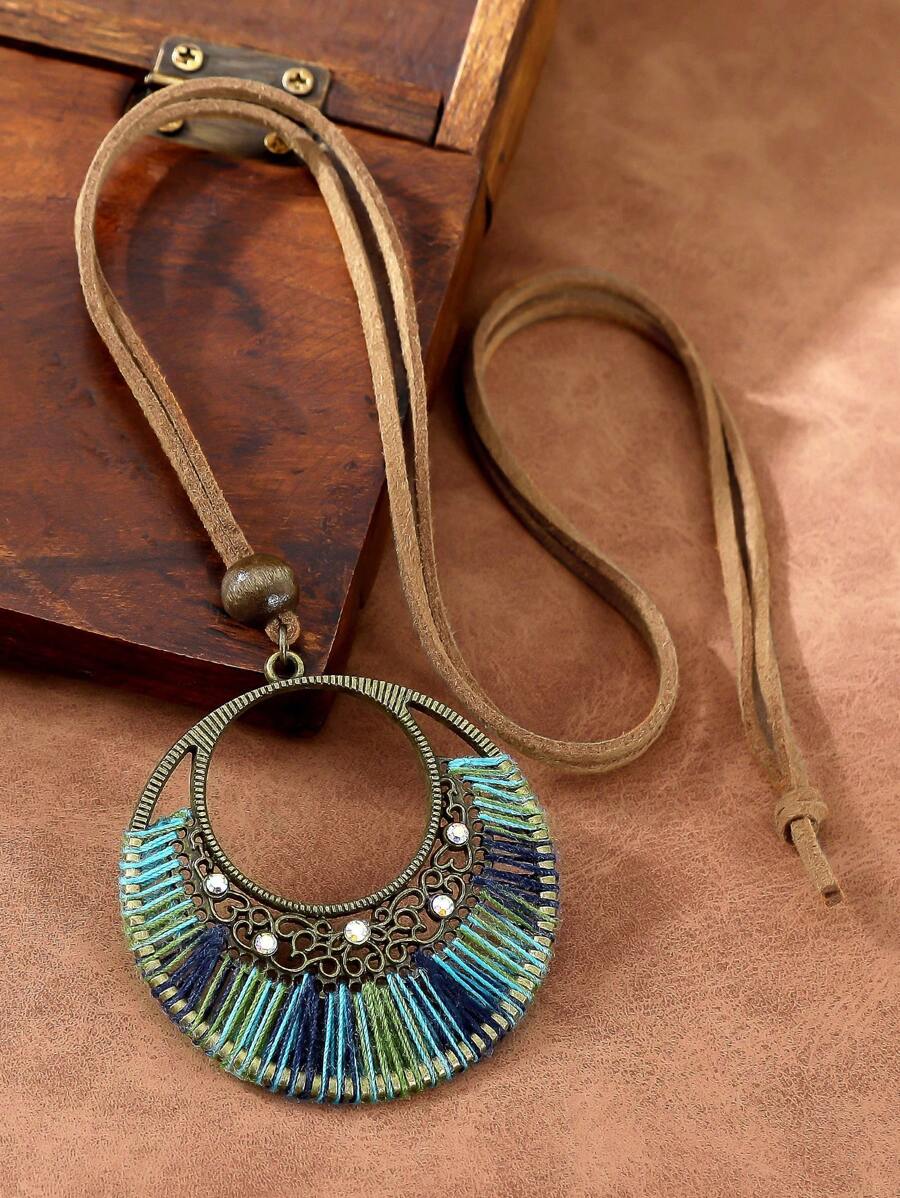TopHanqi 1 pieza Collar colgante estilo bohemio retro para mujer, collar de cadena de cuerda decorado con rhinestones geométricos circulares, versátil para uso diario, accesorios para fiestas y regalo