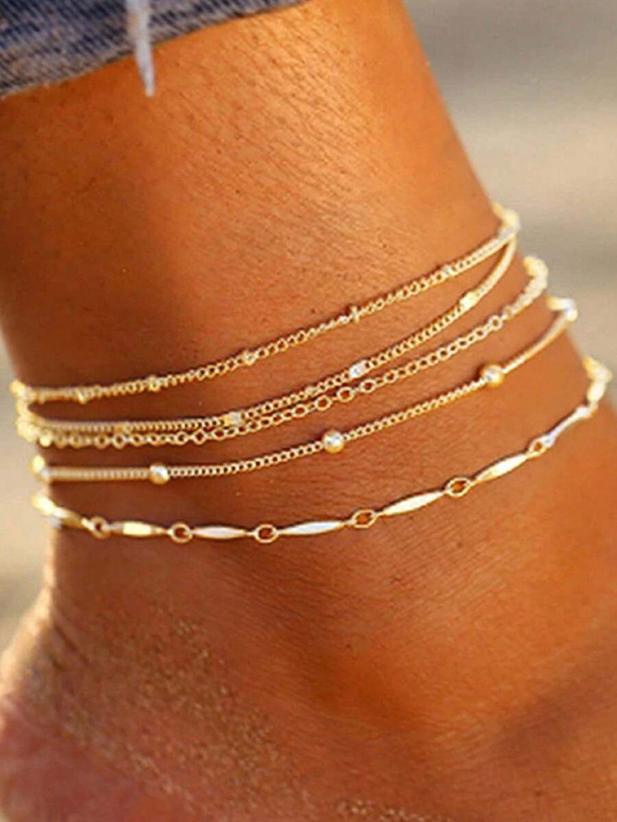 5 peças/Conjunto Tornozeleiras de Contas Empilháveis Minimalistas, Joias de Pé Elegantes para Mulheres, Adequado para Festa na Praia
