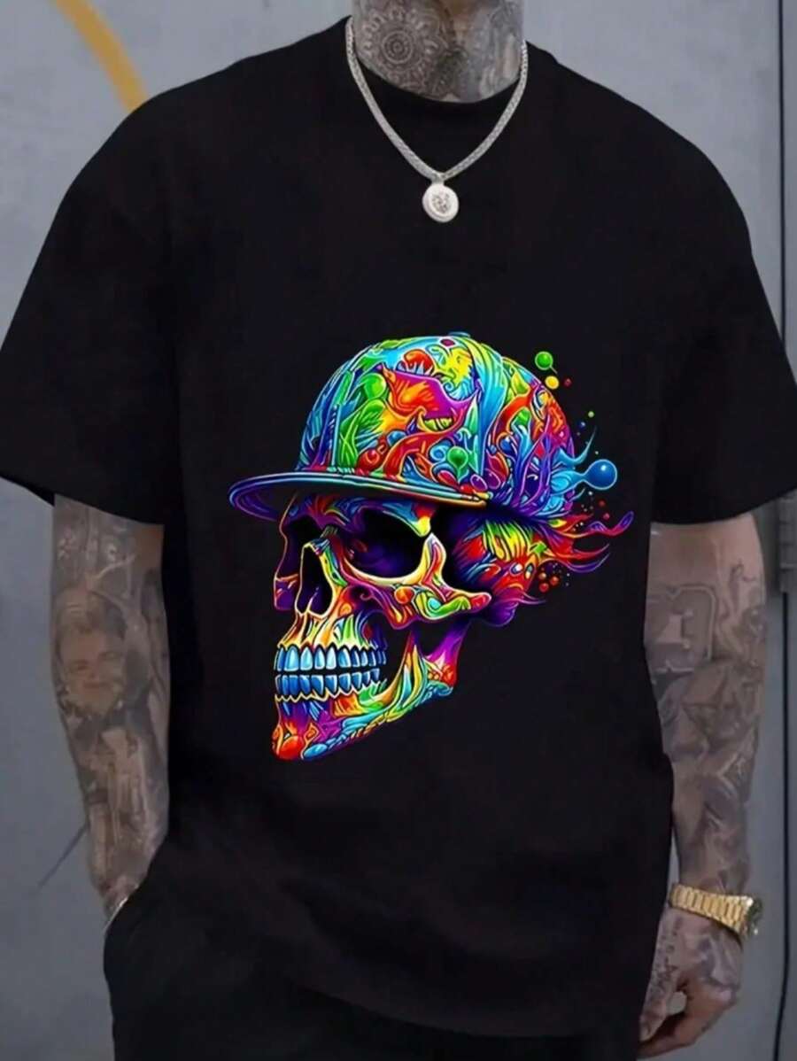 Camiseta Unissex T- Shirt Estampa Caveira Colorida Hip Hop Casual Confortável 100% Algodão Promoção