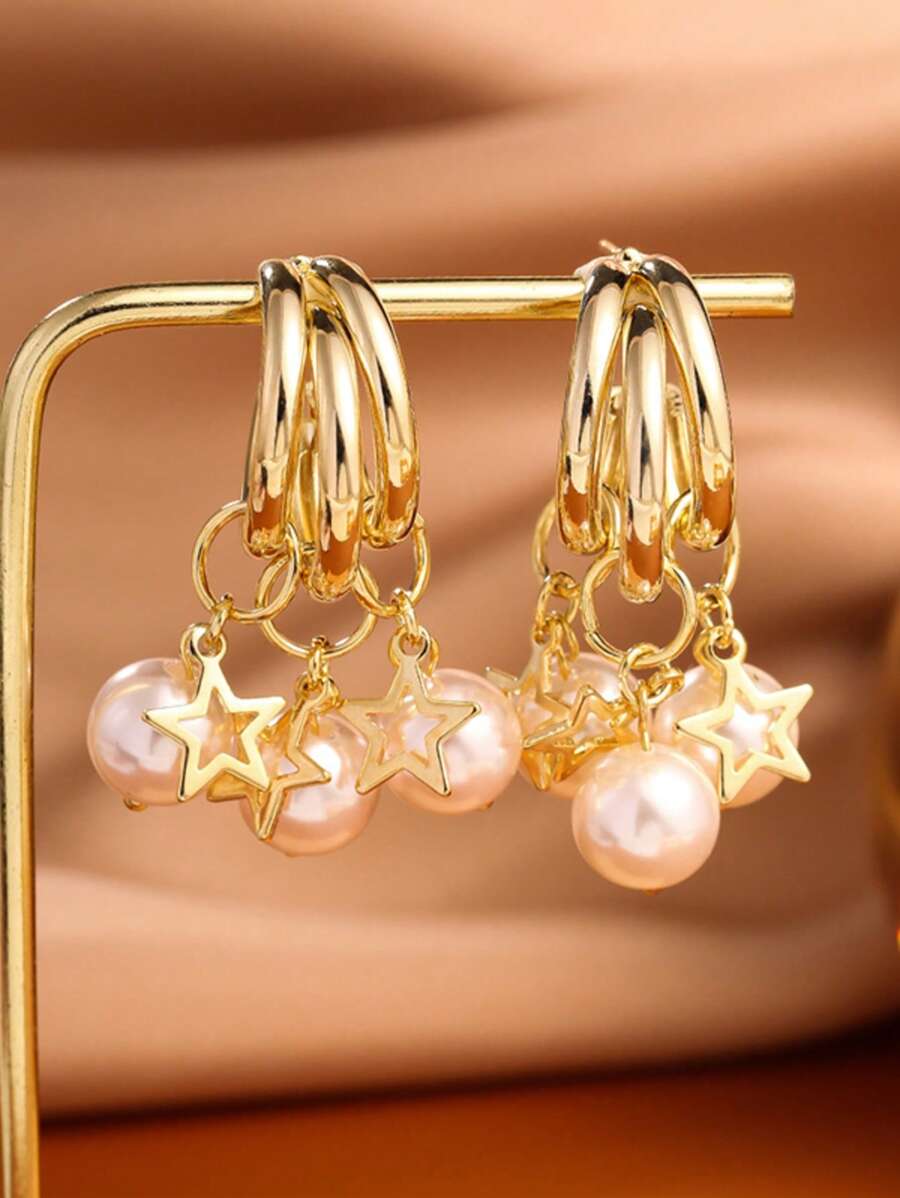 Boucles d'oreilles pendantes en forme de pentagone avec perles factices pour femmes