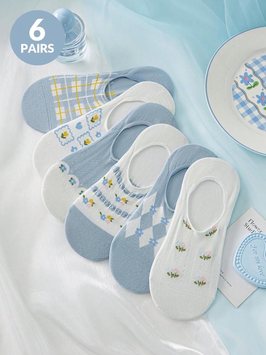 6 Pairs Of Women's Socks, Light Blue Fresh Geometric Floral Women's Boat Socks, Low Top Invisible Socks, Daily Casual Wear