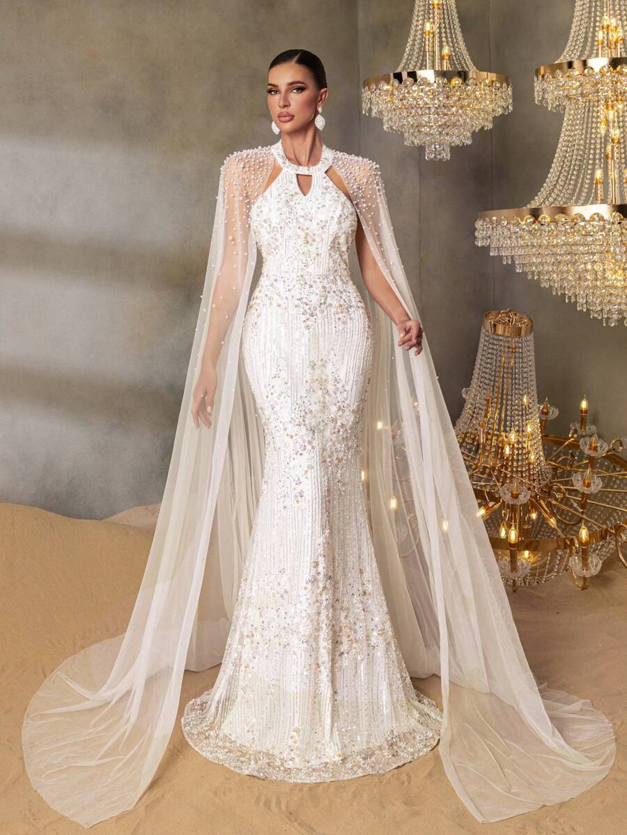 Faeriesty Faeriesty Luxury Pearl-Embroidered Mermaid Gown With Ethereal Sheer Cape Sleeves – Elegant Small Round Neckline, Floor-Length Fish Tail Hem & Formal Evening Dress For Gala Events, Wedding Receptions, Red-Carpet Premieres, Black-Tie Galas, And High-Society Celebrations