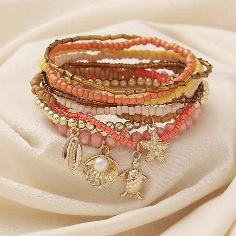 1 Set de brazaletes de material de cuentas de estilo de vacaciones frescas con elementos oceánicos, para mujer, regalo de novia/viaje a la playa