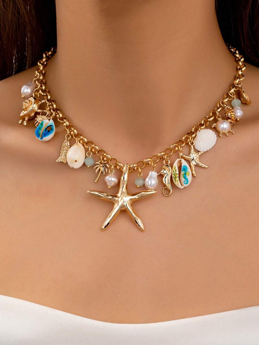 1 pieza Collar con colgante de estrella de mar de estilo océano de verano, collar con colgante de concha marina, cadena de clavícula estilo vacacional en color dorado con múltiples colgantes, joyería de moda para mujer, adecuada para fiesta de playa y uso diario