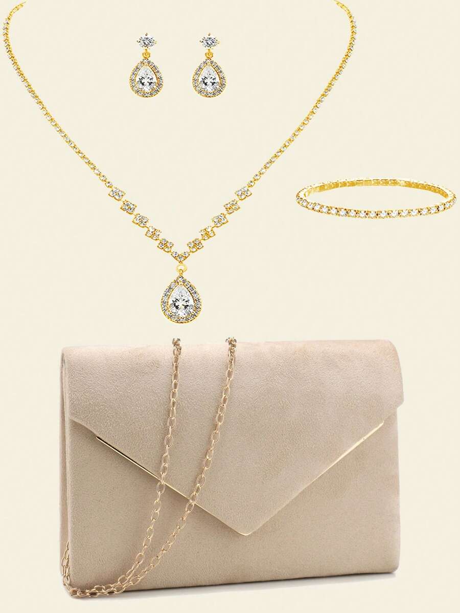 Glitter Women Clutch Purple Color Fashion Lady Evening Bags Party Wedding Chain Shoulder Envelope Design Shoulder Box Purse With Elegant Rhinestones Necklace Earrings Bracelet Jewelry Set For Wedding Bridal