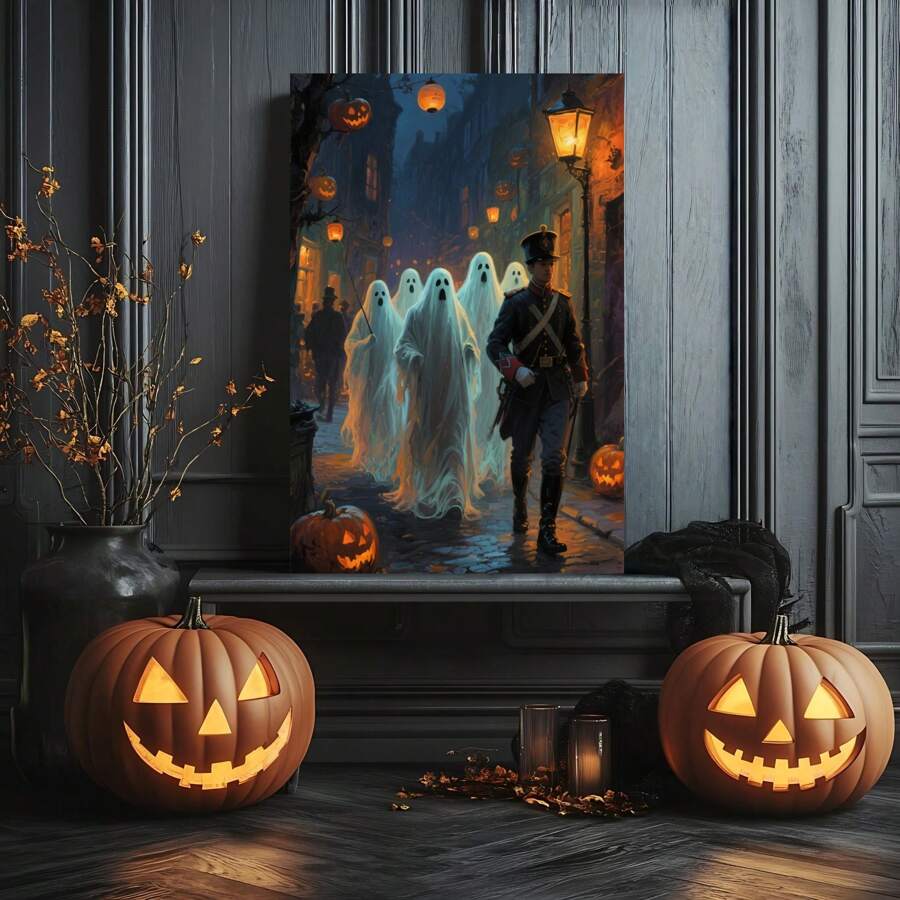 1 Piece,Follow The Ghosts Of The Army , Halloween Modern Frameless Art Decoration Painting, Printed Posters Mural, Waterproof Canvas,Suitable For Home, Office, Bedroom, Living Room, Study, Bathroom, Bar, Wall Arts And Home Decoration, Is An Ideal Holiday Gift Halloween Decor Fall Decor Room Decor