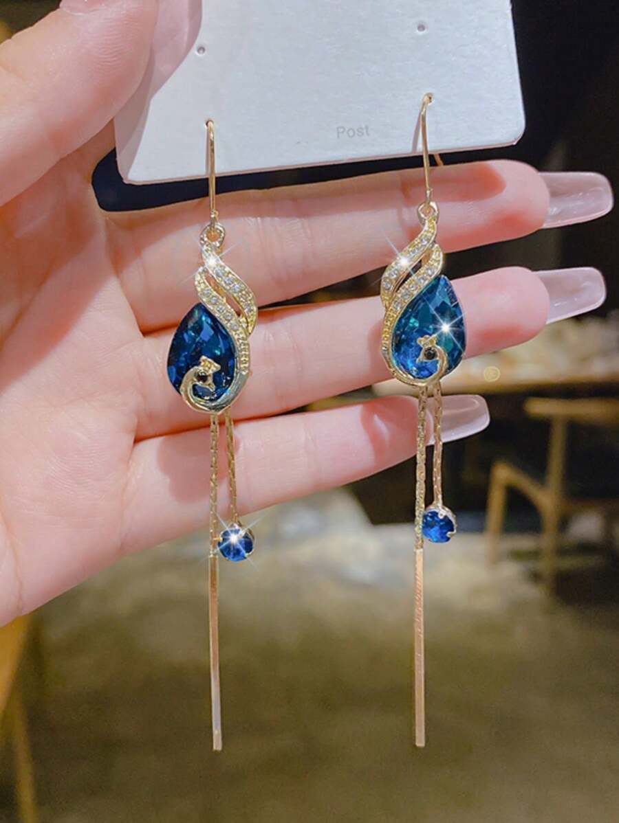 1 par de pendientes colgantes de elegante pluma azul con y borla con diseño de fénix, joyería personalizada, encantadora y elegante