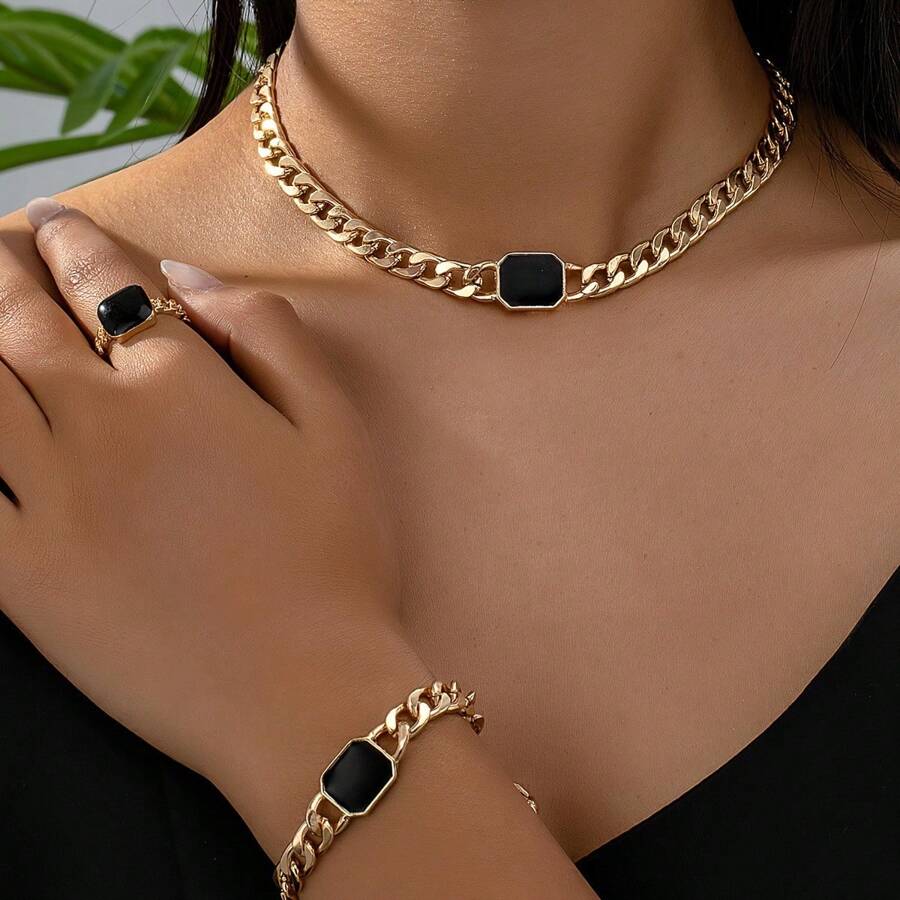 Set de 3 piezas de joyería para mujer, collar, pulsera y anillo de moda y estilo casual, adecuado para uso diario, regalo para amigas, para mujeres, para vacaciones