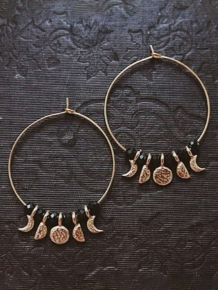 2 brincos de argola estilo boho com pedras preciosas pretas e lua dourada, brincos de liga para mulheres, adequados para sair, festas, uso diário