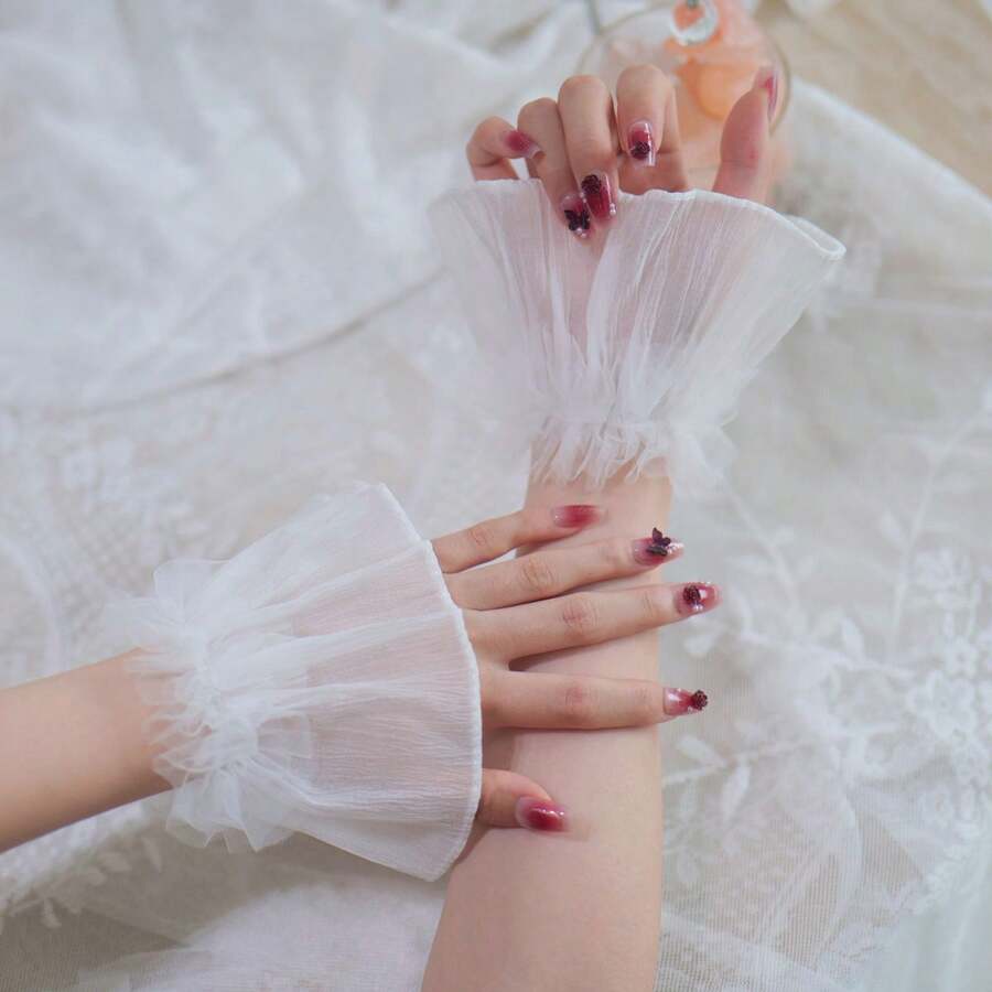 1 Paar einfarbige super Feenbraut kurze ausgestellte Ärmel Tüll Spitzenbesatz Maniküre Shooting Requisiten Braut Lolita JK Mädchen Armstulpen, geeignet für Hochzeiten, Partys