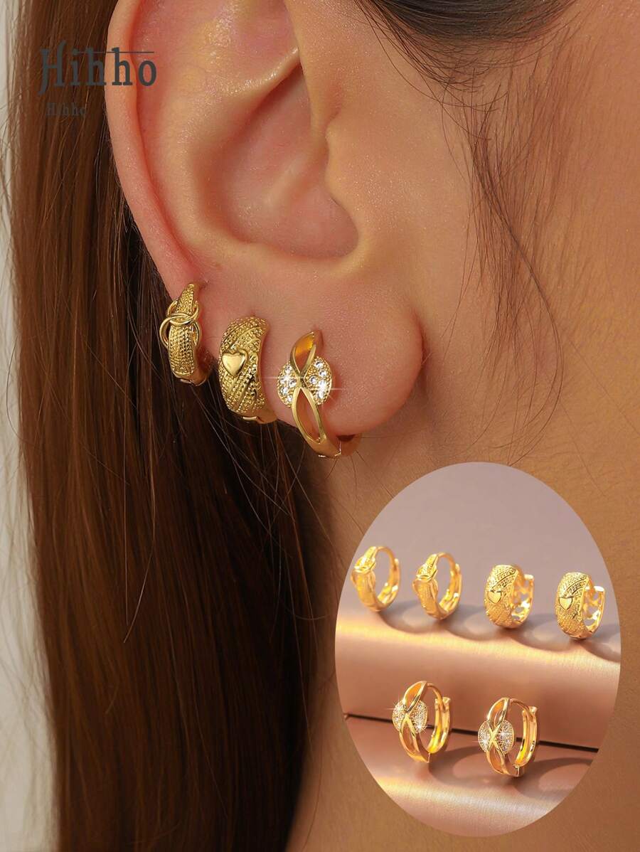 Hihho Set de 6 piezas de pendientes de aro con textura dorada y zirconia brillante, pendientes de perla, set de pendientes de cobre enchapado, adecuado para múltiples perforaciones