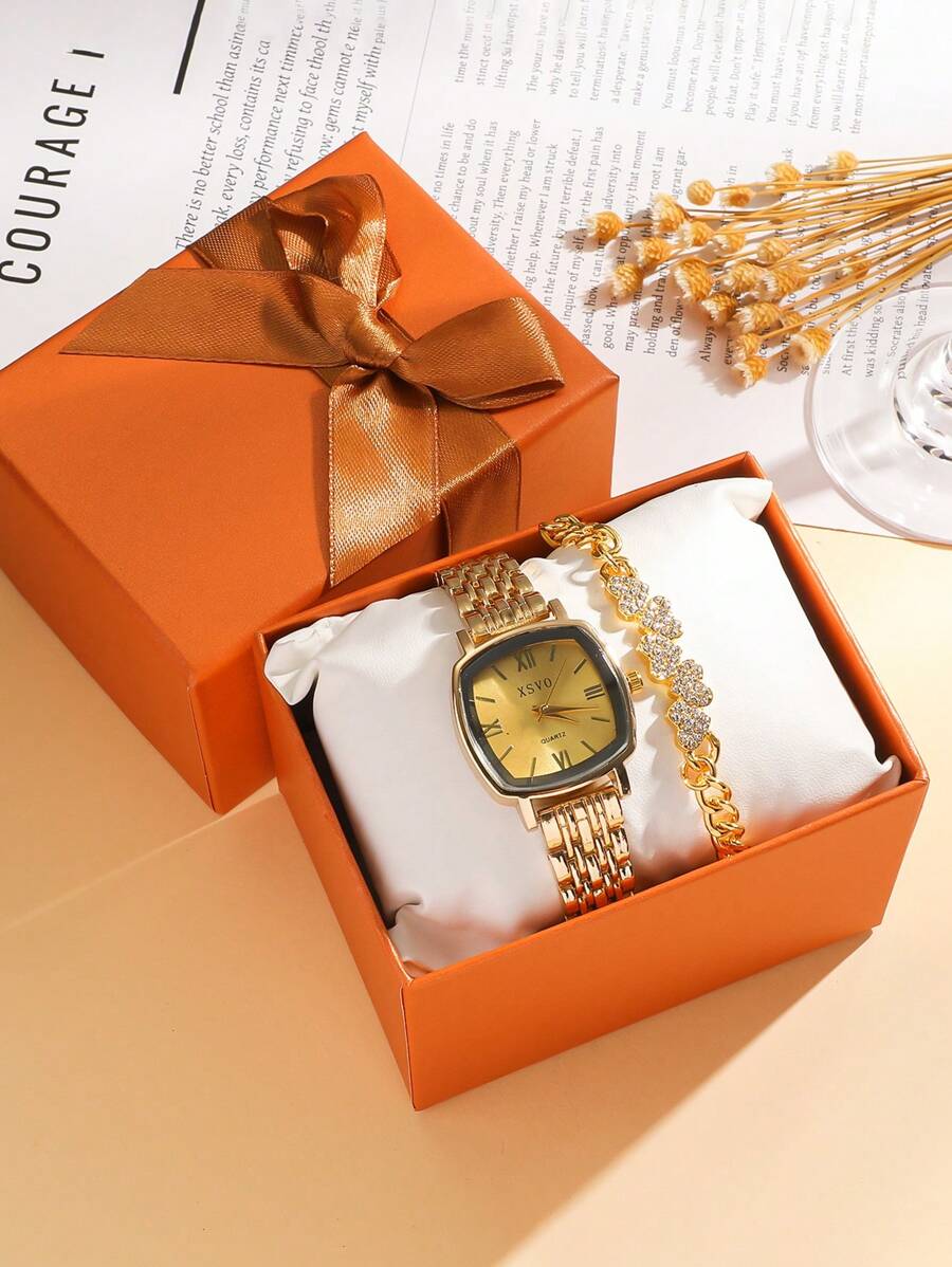 2 pièces/Set Montre femme rétro classique avec chiffres romains, boîtier carré, bracelet en paille de blé, ensemble montre mode et bracelet décoré d'un cœur, sans boîte cadeau