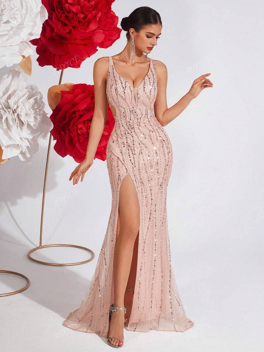 ADYCE Sequin Strap V-Neck Maxi Prom Dress High Waist Backless Criss-Cross Tie Up Back Banquet Party Evening Dress