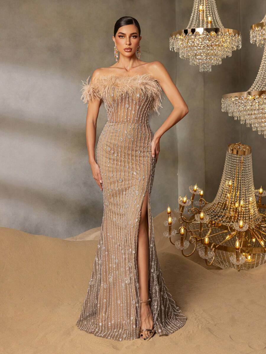 Faeriesty Faeriesty Strapless Beaded Mermaid Evening Gown With Feather-Accented Shoulders & Back Tie-Up Detail - High-Slit Sheer Tulle Dress For Grand Galas, Luxury Weddings, Red Carpet Events, Black-Tie Receptions