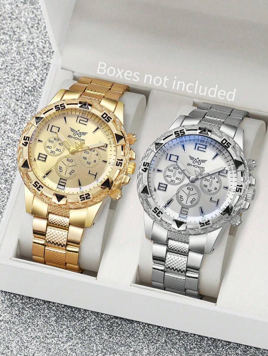 Set de 2 relojes de inoxidable plateado con correa, de estilo empresarial y de temple, de cuarzo, adecuados para decoración de fiestas, ocio y viajes