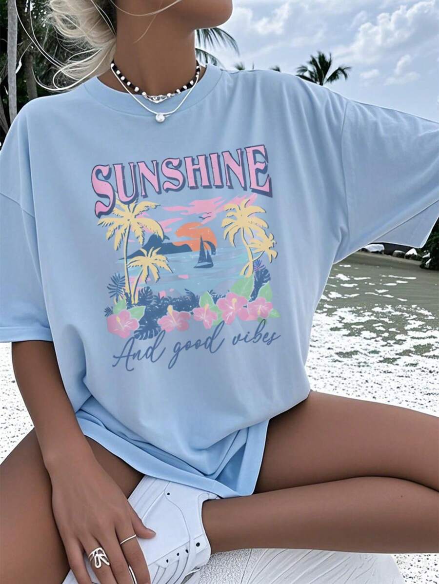 1 pieza Camiseta de cuello redondo de manga corta estampada de colores casual para niñas, ropa de verano para estudiantes y jóvenes - Estampados vibrantes que inspiran la imaginación y la autoexpresión