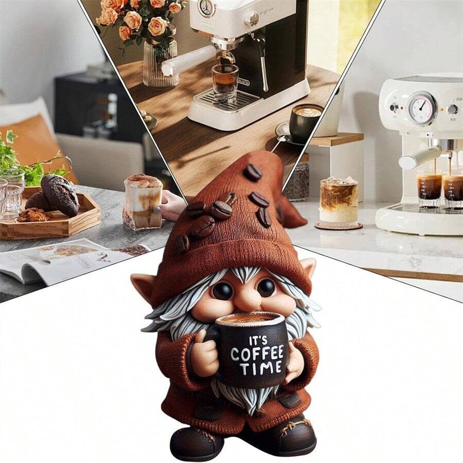 1 pièce Statue en résine de lutin 3D "Heure du café", Décorations de lutin "Heure du café", Lutins tenant des tasses de café, Décoration de maison de lutin miniature créative, Décorations pour amateurs de café et cadeaux créatifs