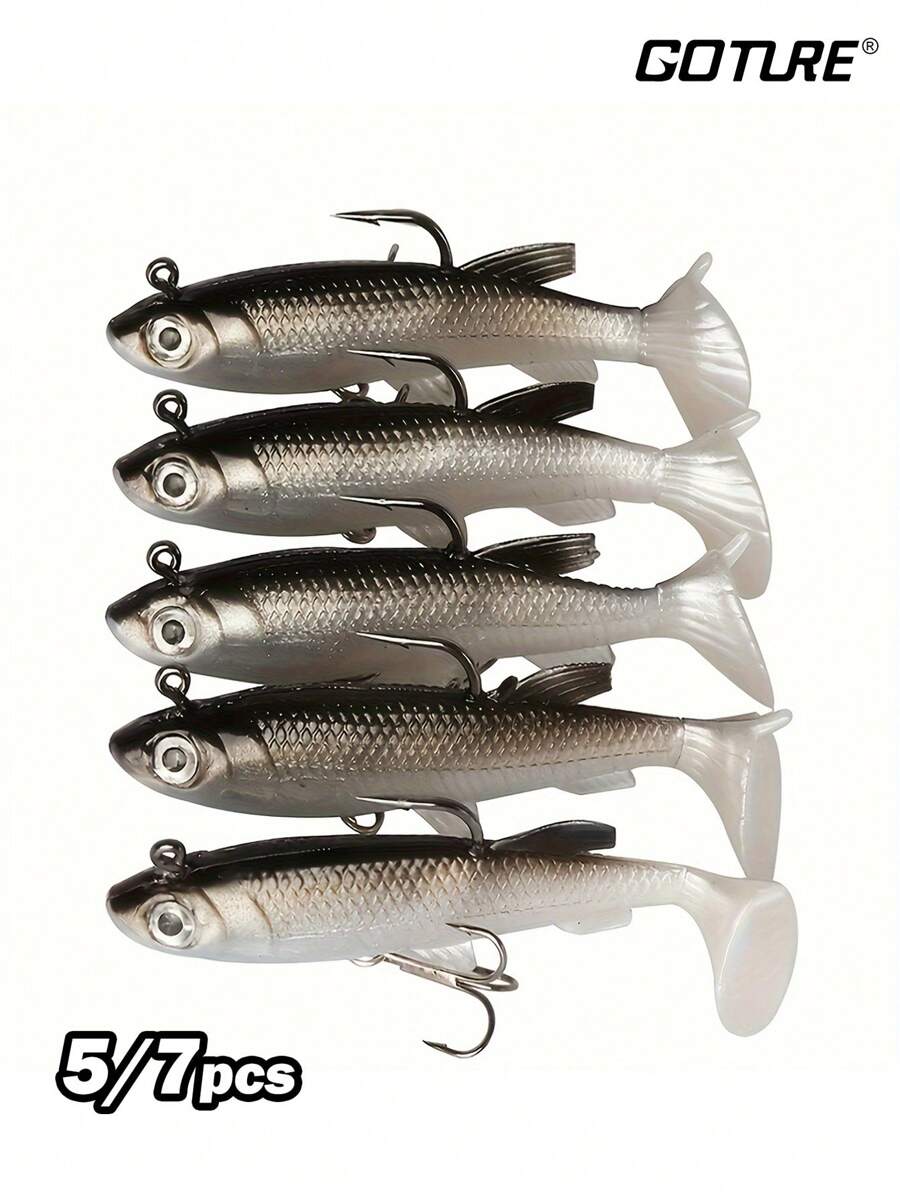 GOTURE Goture 5/7 Peças Iscas de Pesca Macias Shad Minnow Swimbaits, Cabeças de Jig Pré-Montadas, Iscas de Cauda de Remo para Black Bass, Truta, Walleye, Crappie, Iscas de Jig de Afundamento para Água Salgada