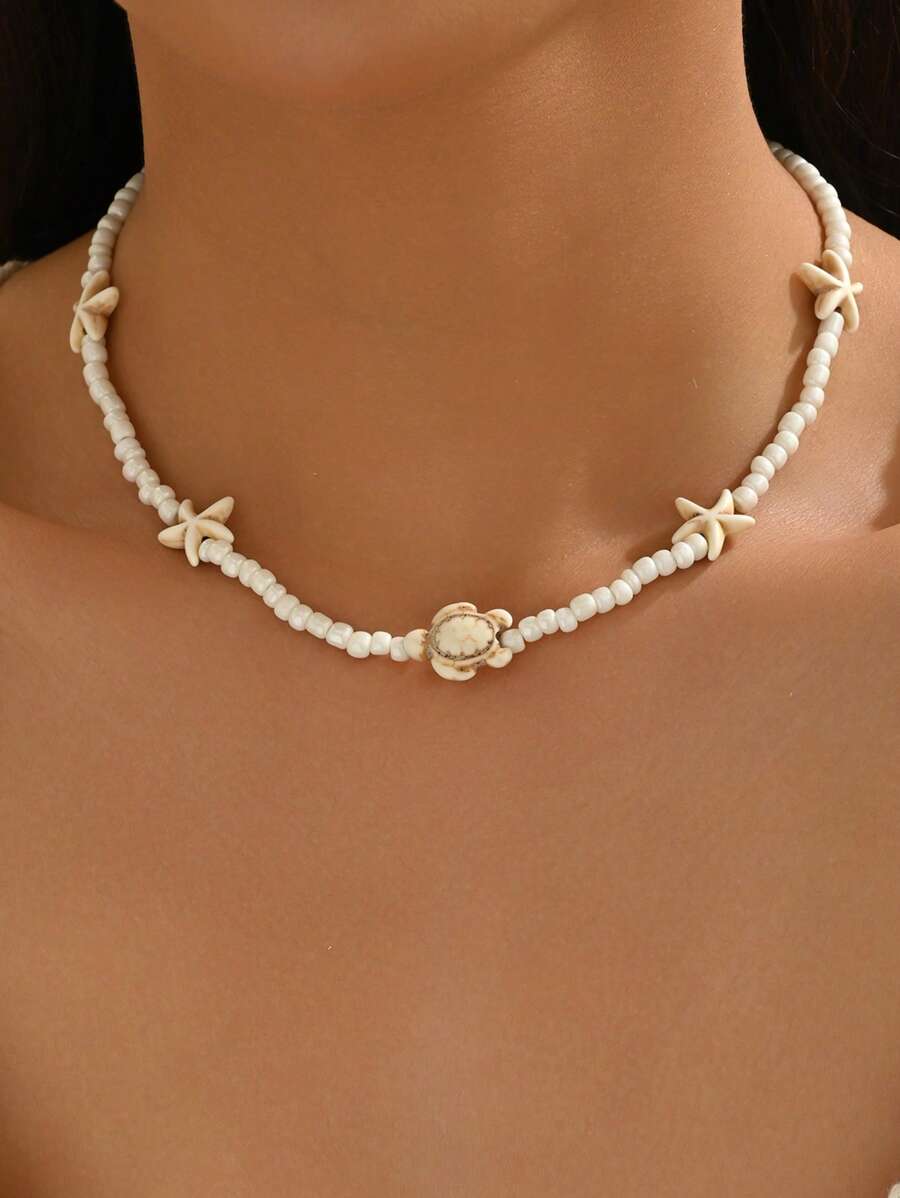 1 pièce Collier à perles de thème océanique de vacances bohème avec décoration de tortue de mer et étoile de mer, collier ras-du-cou polyvalent pour femmes, convient pour le port quotidien, les fêtes de plage, les sorties et les festivals de musique