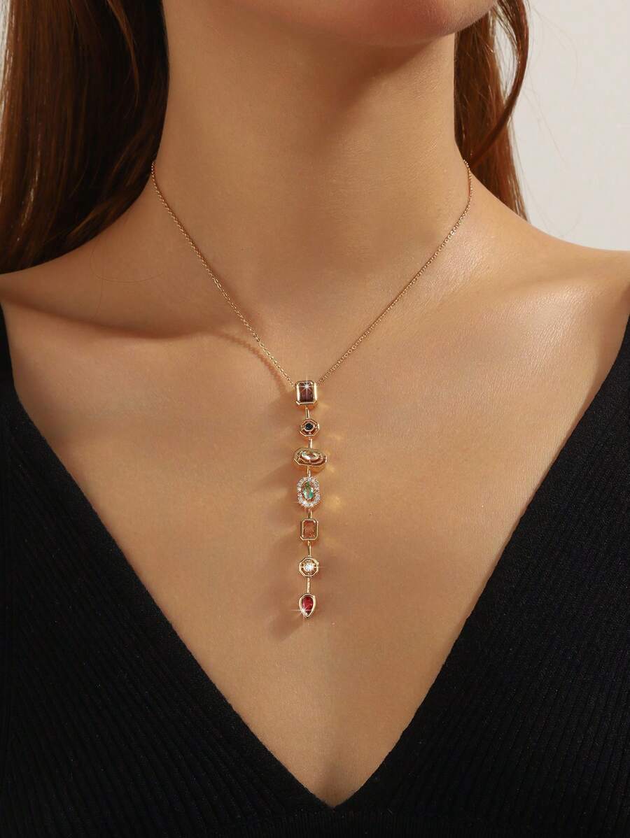 1pc Elegant Bohemian Style Multi Colored Cubic Zirconia Square, Octagon, Round, Teardrop Pendant Necklace, An Ideal Daily Wear Choice For Women And Girls